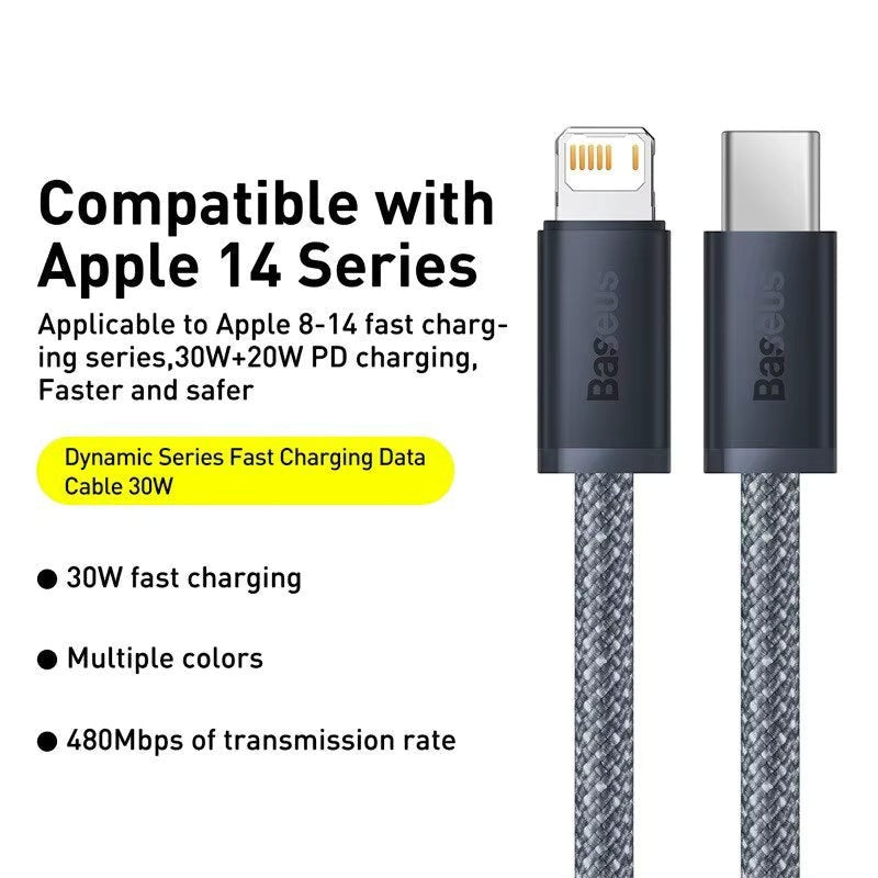 My Store Baseus braided fast charging cable with Lightning and USB-C connectors for Apple devices.