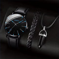 My Store GENEVA wristwatch with black dial and blue markers, braided leather bracelet, and pendant necklace set.
