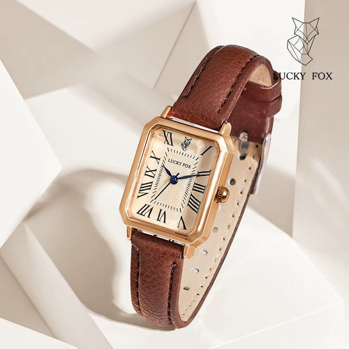 My Store LUCKY FOX rectangular watch with rose gold case, cream dial, Roman numerals, and brown leather strap.