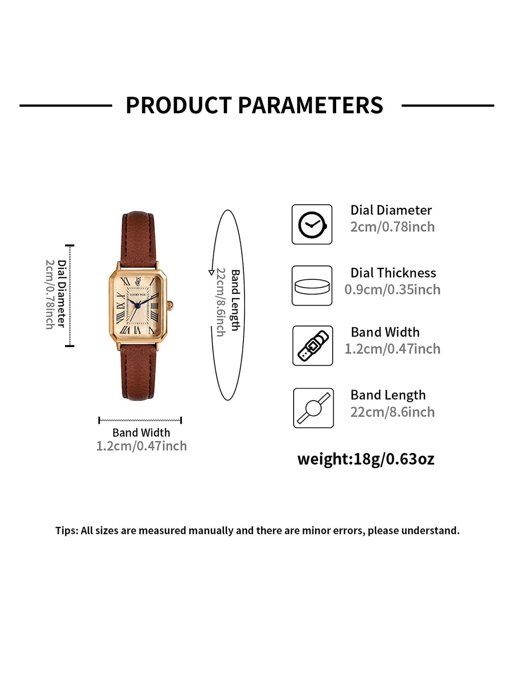 My Store LUCKY FOX rectangular rose gold watch with a brown leather strap and cream dial showing product dimensions.