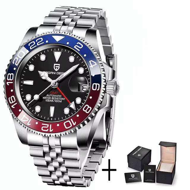 My Store PAGANI DESIGN automatic stainless steel GMT watch with a red and blue Pepsi bezel and link bracelet.