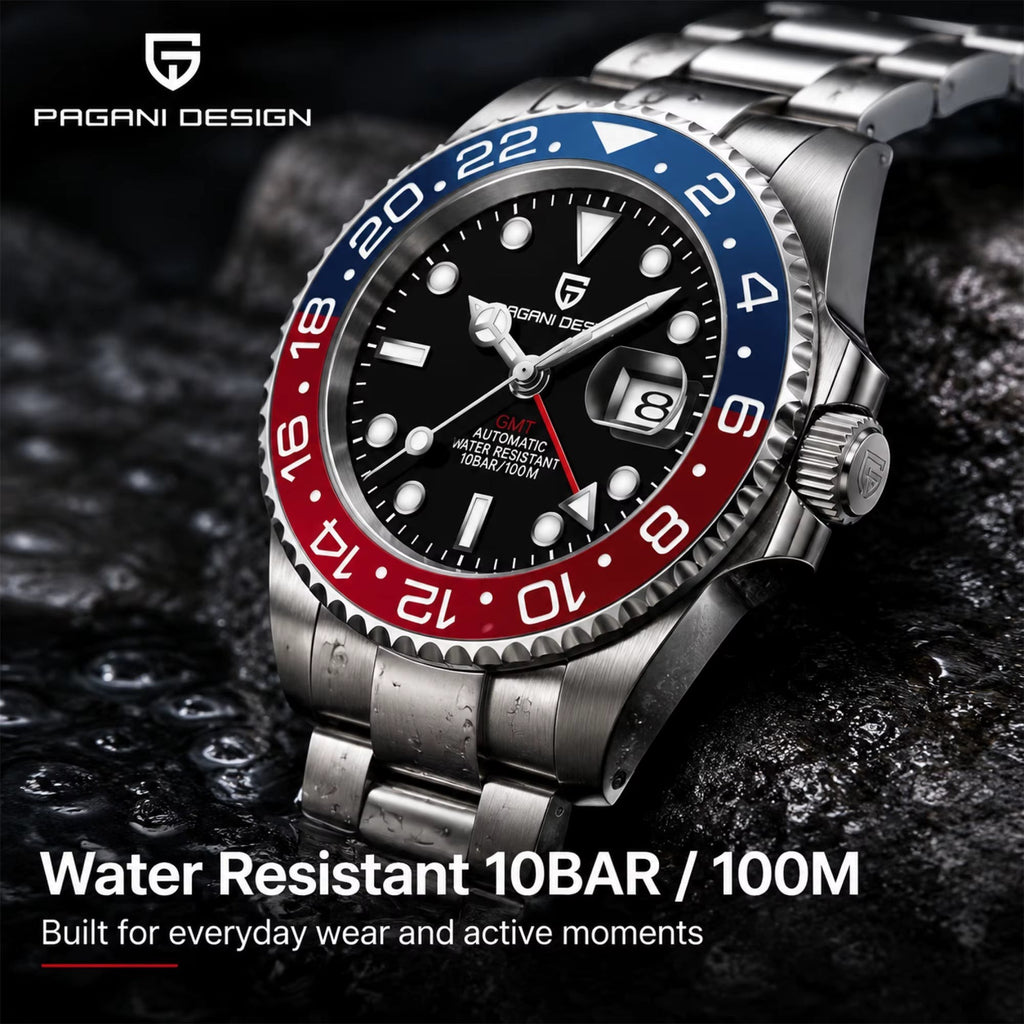 My Store PAGANI DESIGN automatic stainless steel watch with a red and blue Pepsi GMT bezel on a black dial.