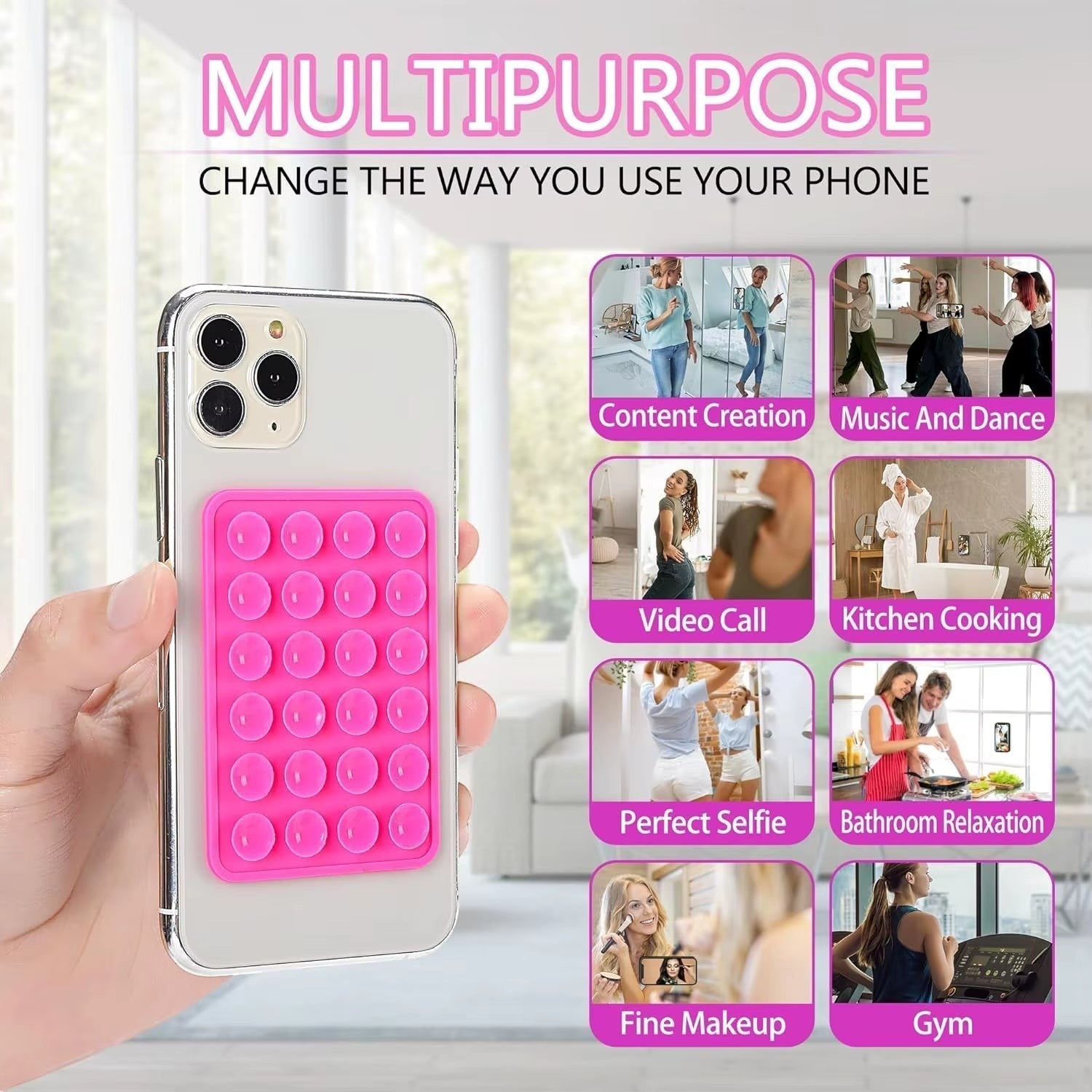 My Store pink silicone suction cup phone mount attached to a smartphone, shown with various lifestyle use cases.