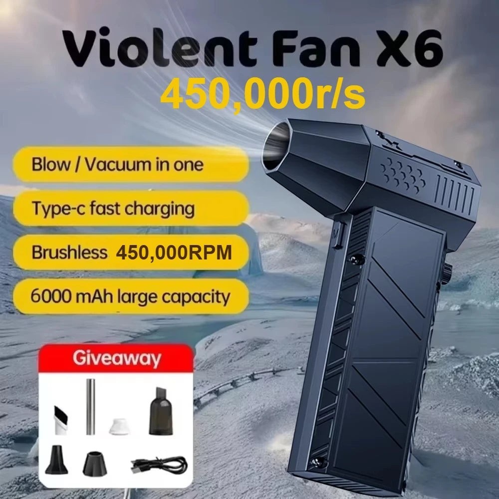 My Store portable handheld electric air duster with brushless motor, Type-C charging, and multiple cleaning attachments.