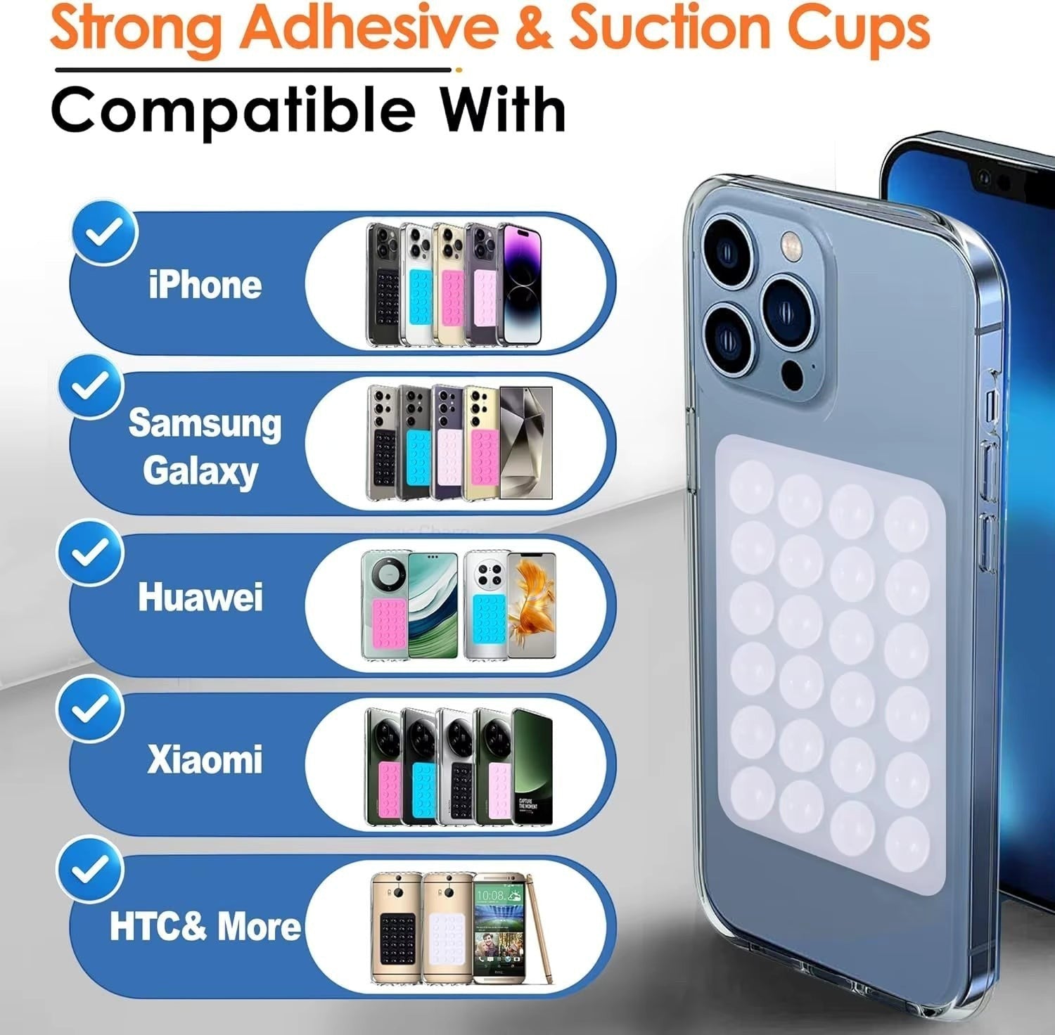 My Store universal silicone suction cup phone mount attached to a smartphone case, showing compatibility with various brands.