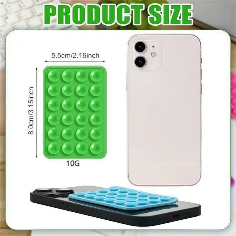 My Store universal green silicone suction cup phone mount showing dimensions and attachment to a smartphone case.