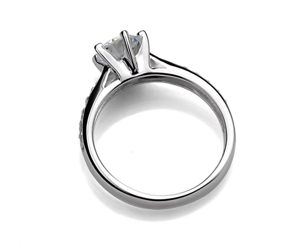 My Store solitaire engagement ring in polished white gold with a six-prong setting and pavé accents on the band