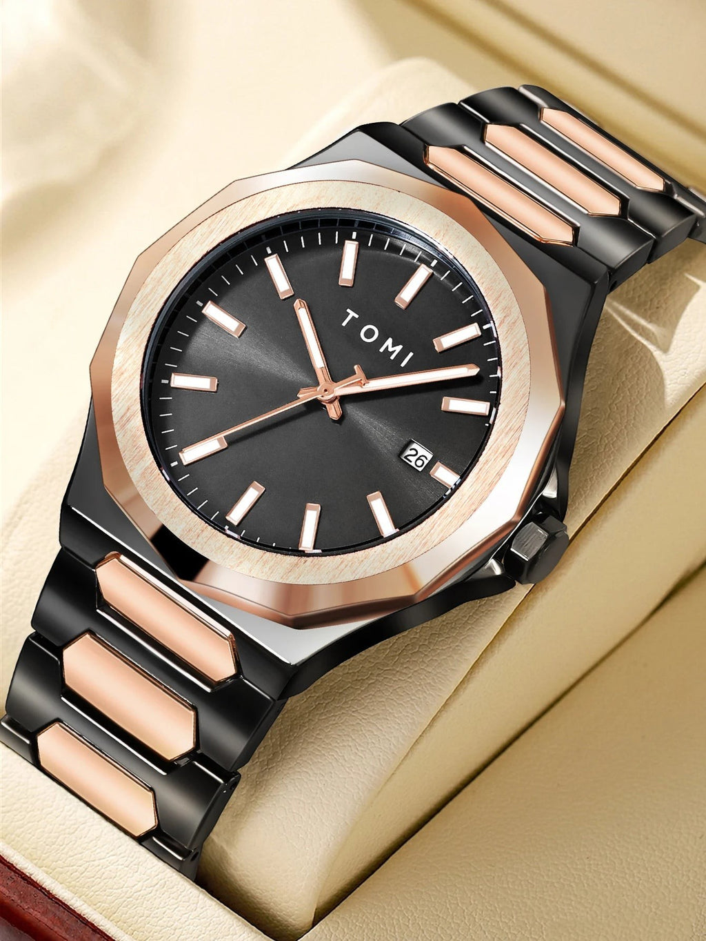 My Store TOMI luxury stainless steel wristwatch featuring a black and rose gold two-tone finish with a date window.