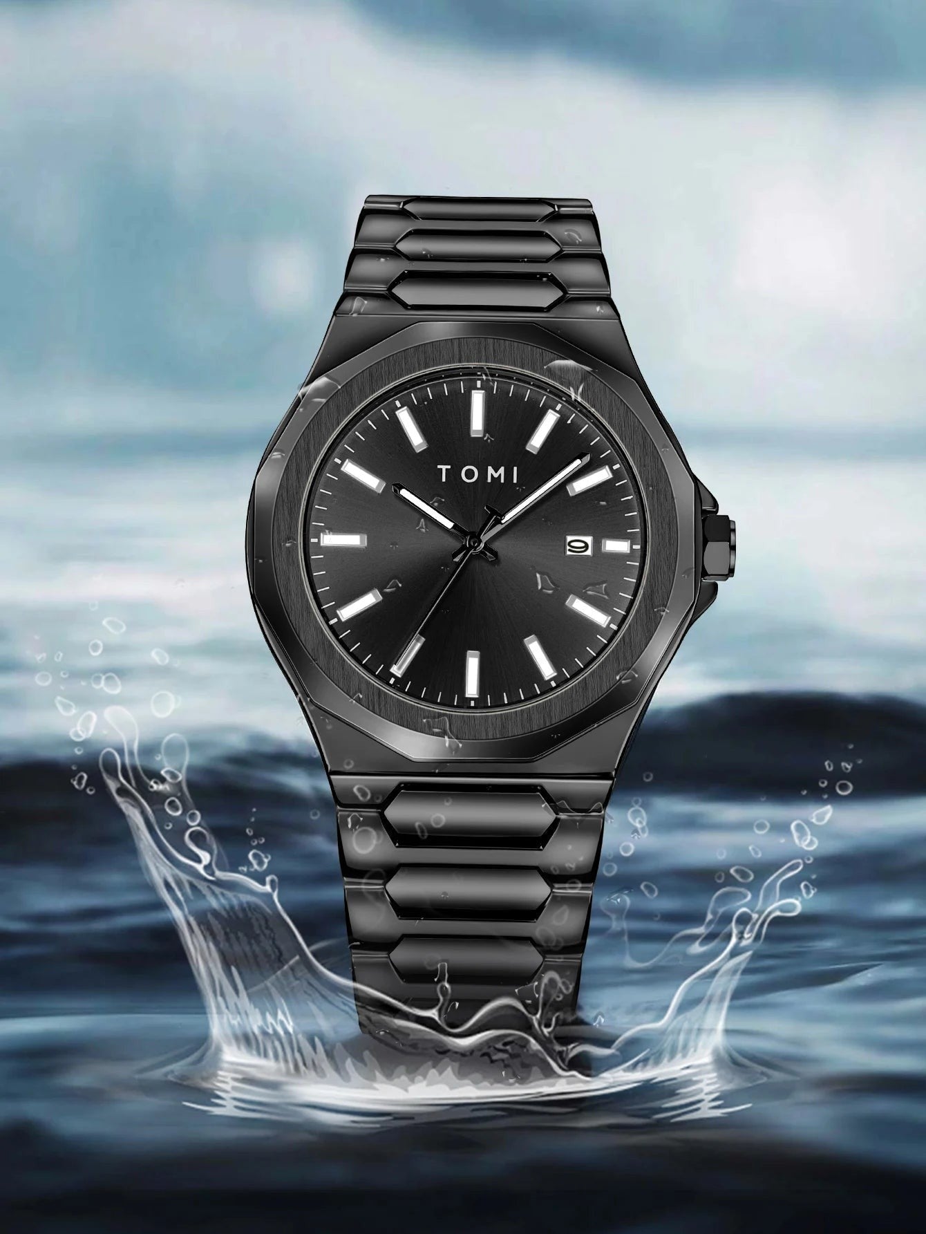My Store TOMI luxury all-black stainless steel wristwatch with luminous markers, displayed over water splash effect.