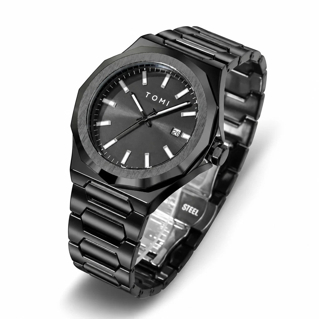 My Store TOMI luxury all-black stainless steel wristwatch with a minimalist dial and luminous markers