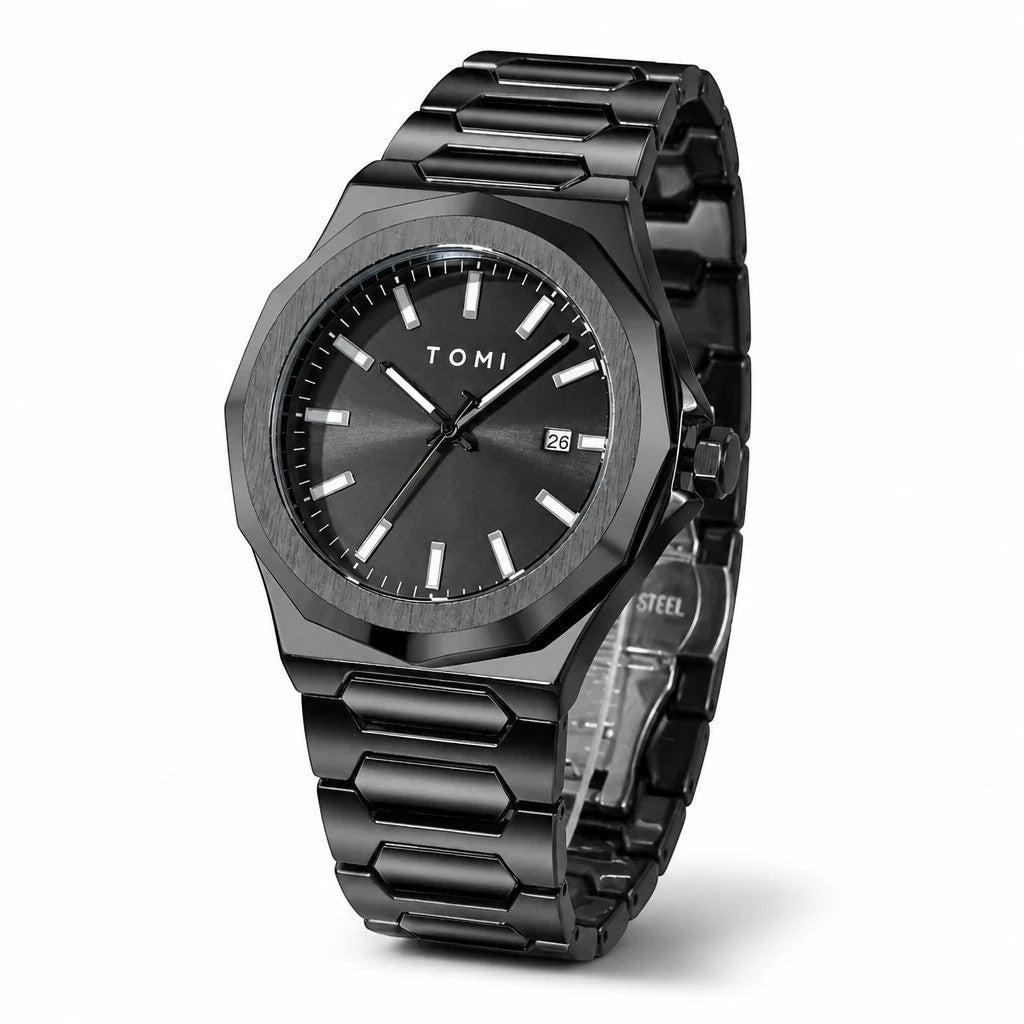 My Store TOMI luxury all-black stainless steel men's wristwatch with a minimalist dial and date window.