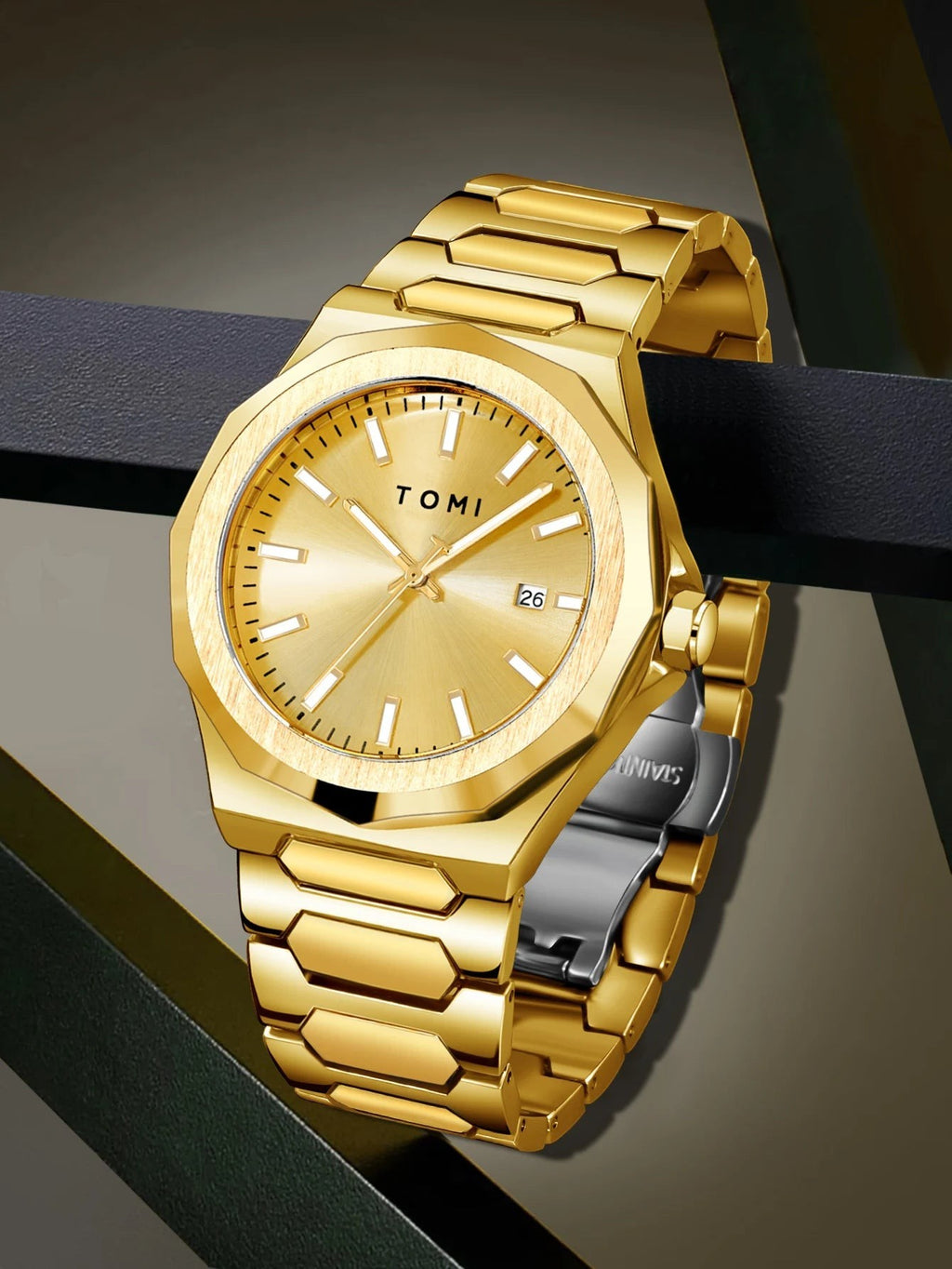 My Store TOMI luxury gold-tone stainless steel wristwatch with an octagonal bezel and date window display.