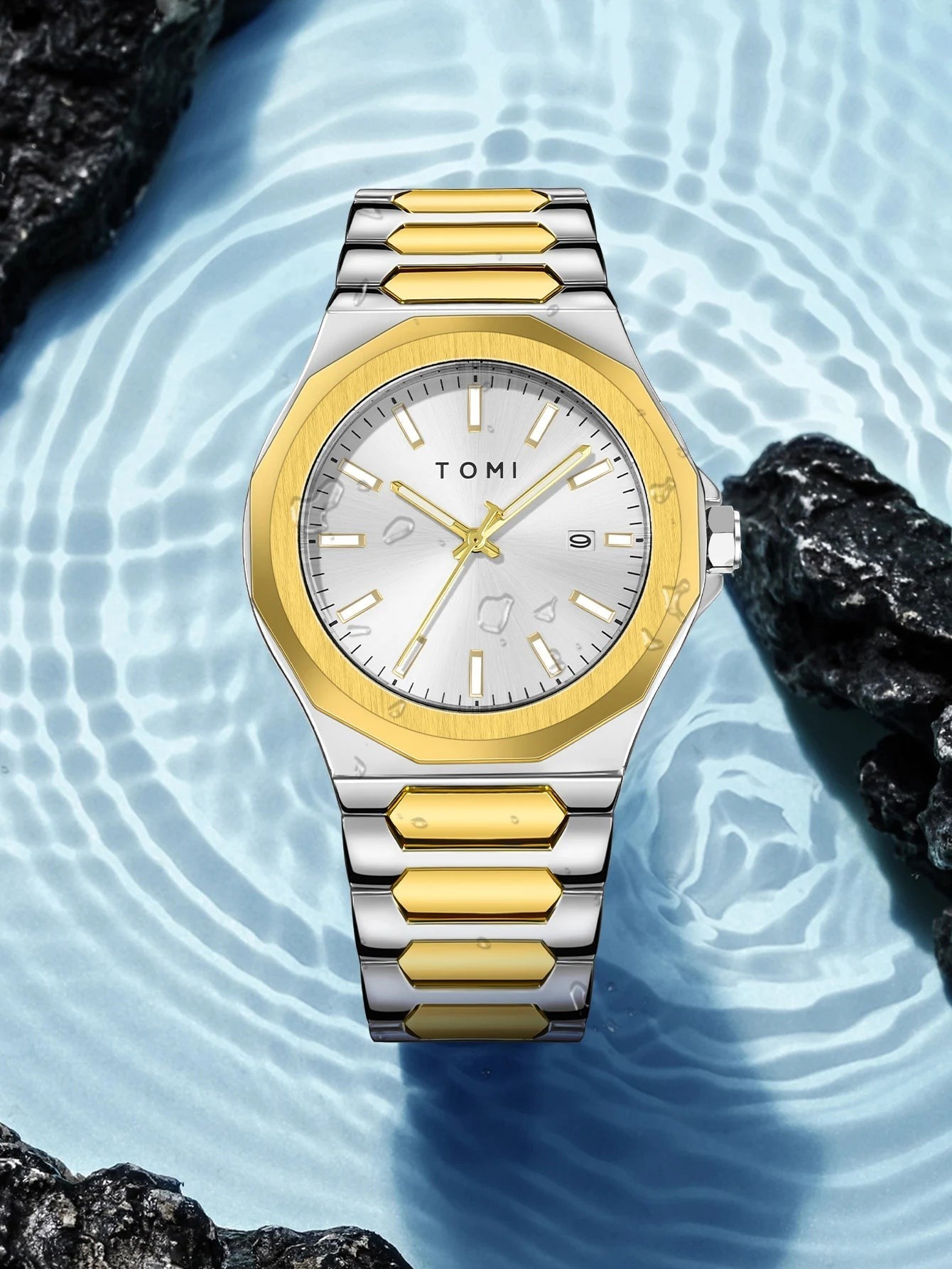 My Store TOMI luxury stainless steel wristwatch with a silver dial and two-tone gold and silver link bracelet.