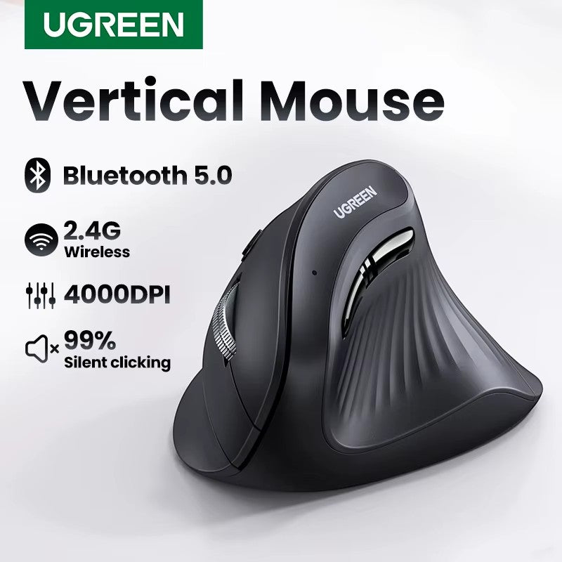 My Store UGREEN ergonomic wireless vertical mouse in matte black with silent clicking and dual-mode connectivity.